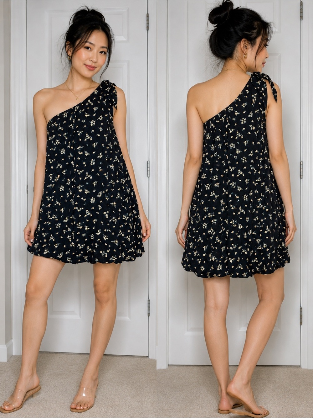 American Eagle One Shoulder Floral Mini Dress Tie Strap Black NWT Small